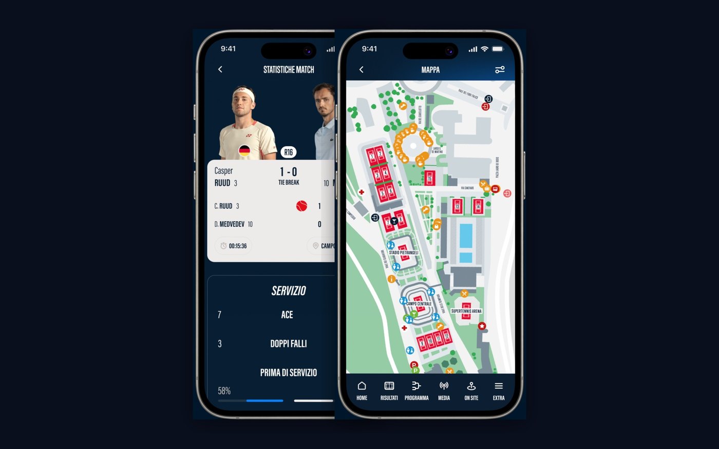Internazionali BNL d'Italia app, match statistics and site map
